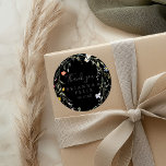 Wild Floral Black Thank You Wedding Favour Classic Round Sticker<br><div class="desc">This wild floral black thank you wedding favour classic round sticker is perfect for a rustic wedding. The design features watercolor pink, blush, purple, navy and white elegant flowers with emerald green leaves in a dark background. Make the sticker labels your own by including your names, the event (if applicable),...</div>