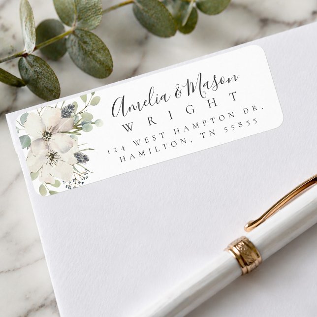 Wild Floral Blooms Elegant Script Return Address  (Greenery White Rose Elegant Script Return Address Label)