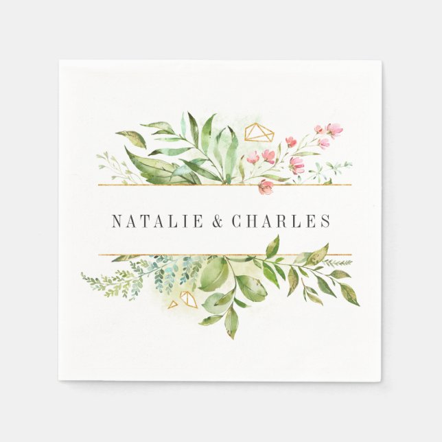 Wild Floral Green Foliage Personalised Wedding Napkin (Front)