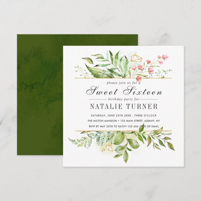 Wild Floral Green Foliage Sweet Sixteen Party Invitation (Front/Back)