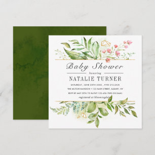 Wild Floral Green Foliage Watercolor Baby Shower Invitation