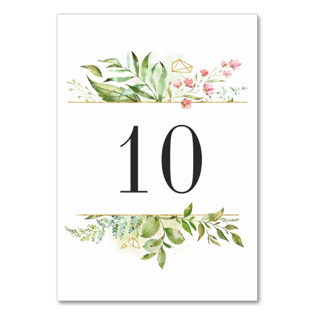 Wild Floral Green Foliage Watercolor Table Number (Front)