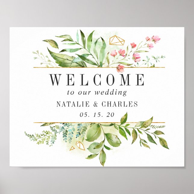 Wild Floral Green Foliage Welcome Wedding Sign (Front)
