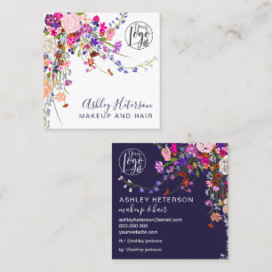 Wild floral pink blue orange logo hair makeup  square business card