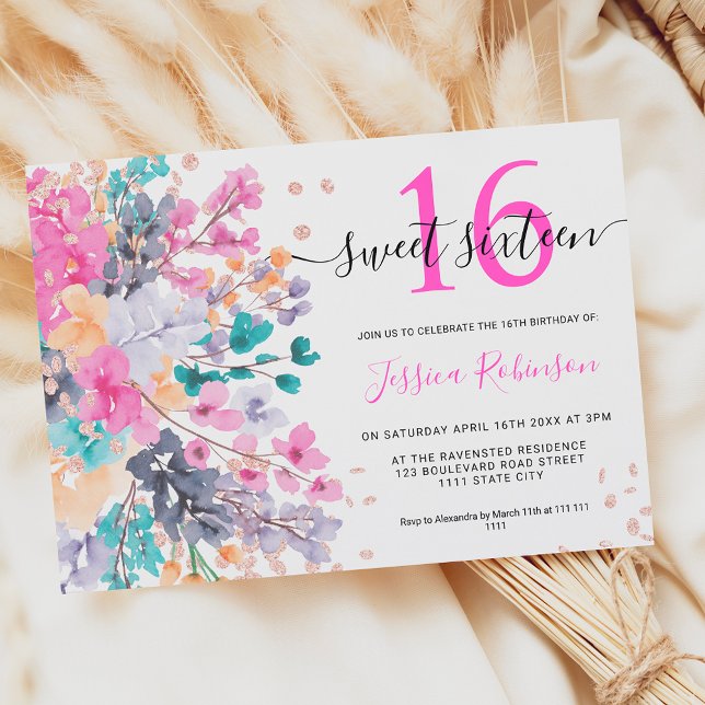 Wild floral watercolor glitter Sweet 16 photo Invitation (Creator Uploaded)
