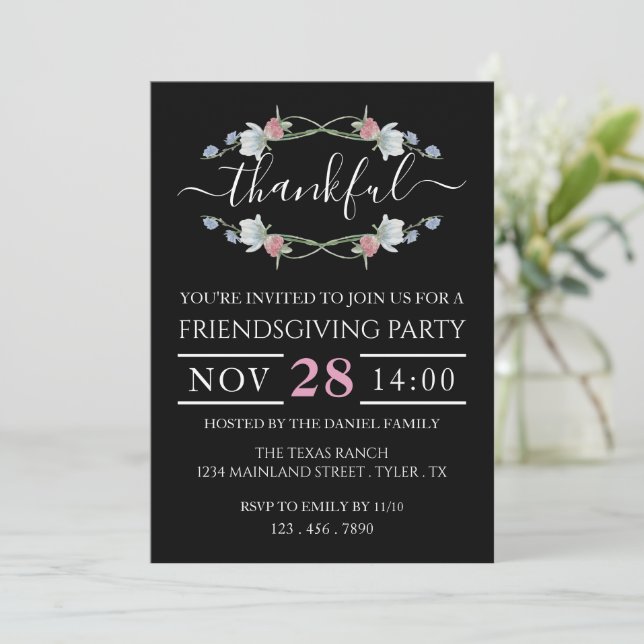 Wild Floral Wreath, Thanksgiving Party Invitation (Standing Front)