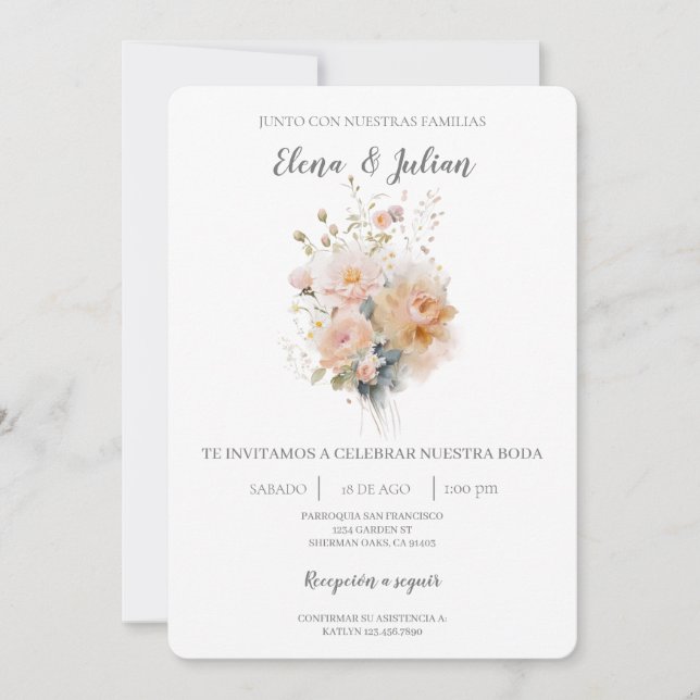 Wild flower bouquet Spanish Wedding Invitation (Front)