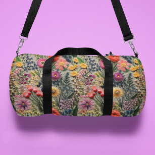 Wild Flower Faux Embroidery Floral Pattern Duffle Bag