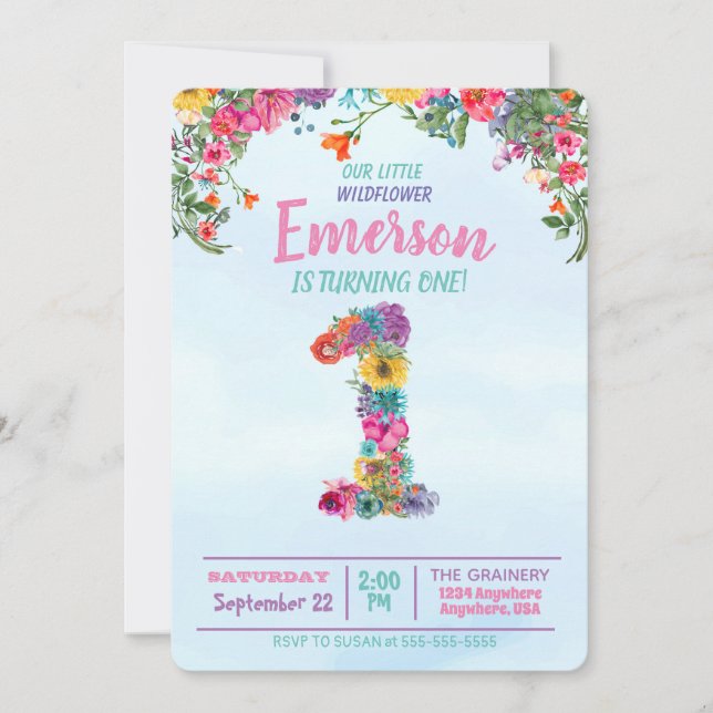 Wild flower, First Birthday, one, floral Invitation (Front)