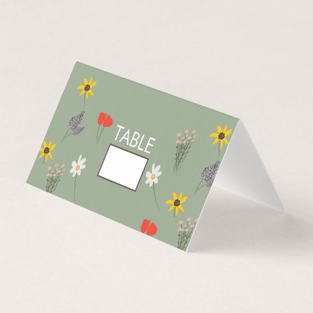Wild Flower Floral Day Of Wedding Tent Table Cards (Front)