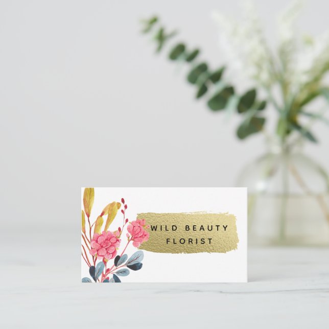 Wild Flower & Gold Look Brushstroke Business Card (Standing Front)