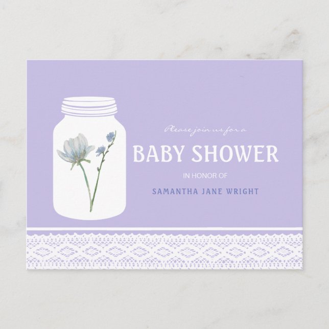 Wild Flower Mason Jar and Lace Baby Shower Invitation Postcard (Front)