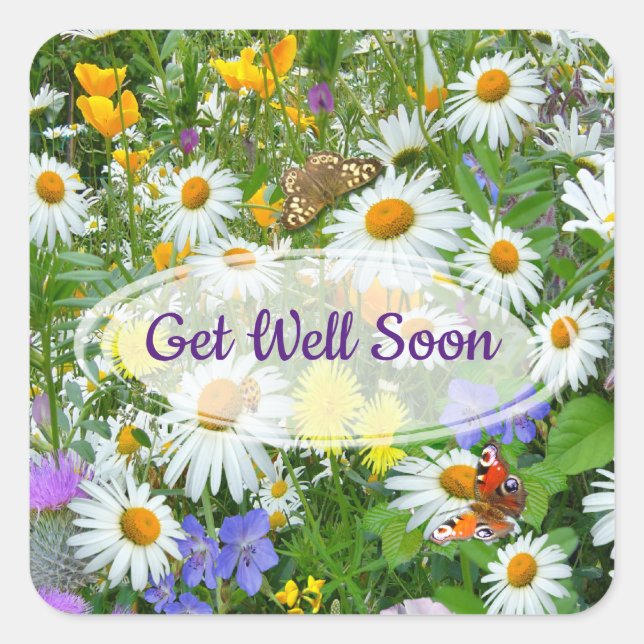Wild Flower Meadow Get Well Greeting Square Sticker (Front)