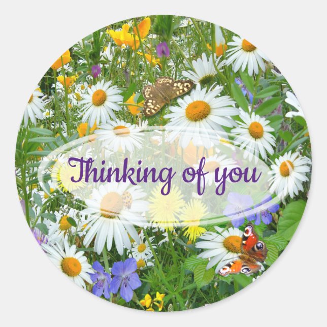 Wild Flower Meadow Thinking of You Greeting Square Classic Round Sticker (Front)