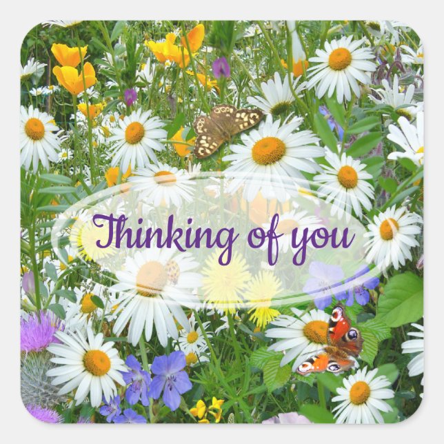 Wild Flower Meadow Thinking of You Greeting Square Sticker (Front)