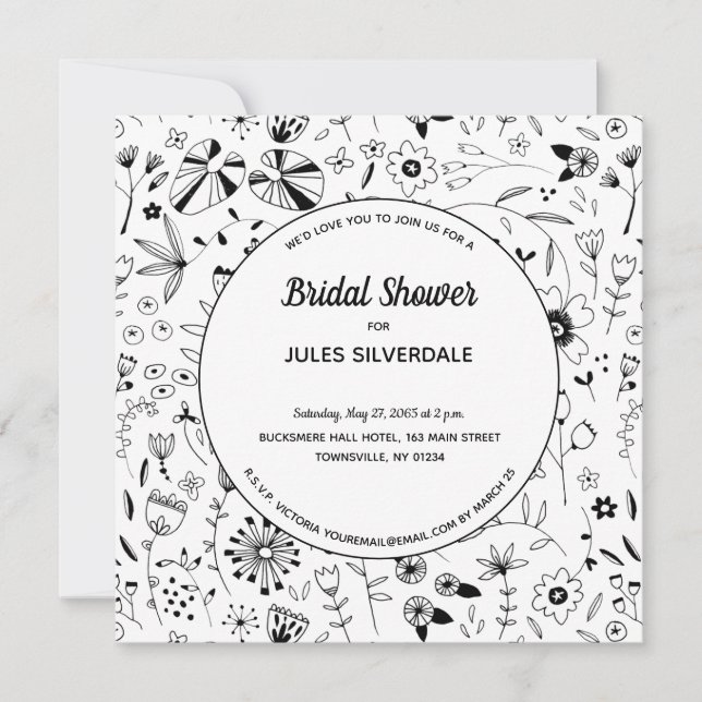 Wild Flower Monochrome Modern Bridal Shower Invitation (Front)