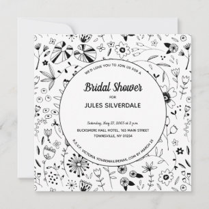 Wild Flower Monochrome Modern Bridal Shower Invitation