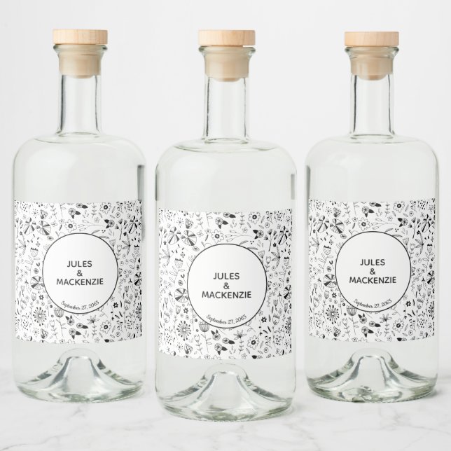 Wild Flower Monochrome Modern Liquor Bottle Label (Bottles)