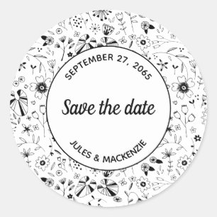 Wild Flower Monochrome Modern Save the Date Classic Round Sticker