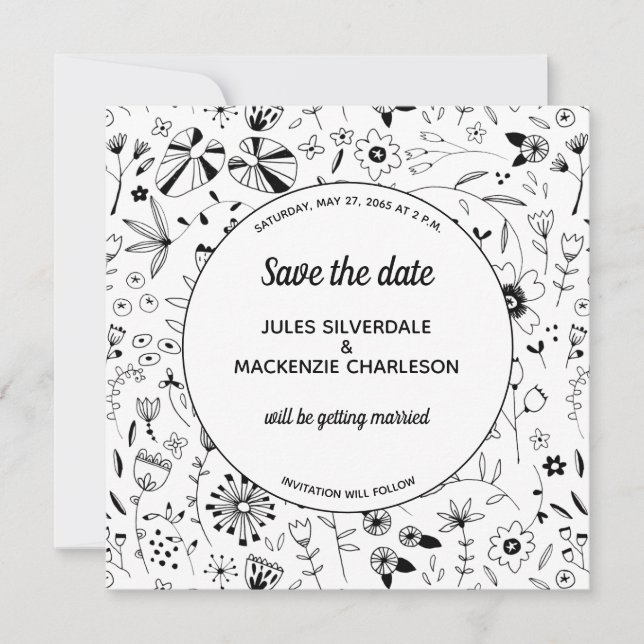 Wild Flower Monochrome Modern Save the Date Invitation (Front)