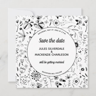 Wild Flower Monochrome Modern Save the Date Invitation