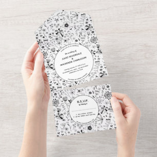 Wild Flower Monochrome Modern Wedding All In One Invitation