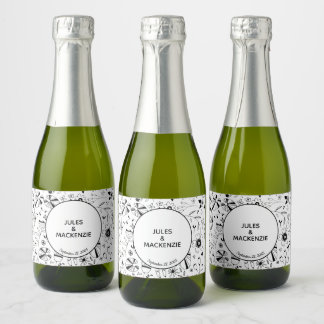 Wild Flower Monochrome Modern Wedding Sparkling Wine Label