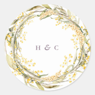 Wild Flower Pampas Yellow Monogram Wedding Classic Round Sticker