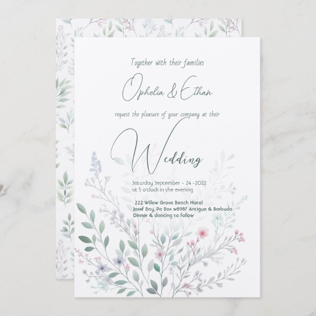Wild flower Pastel Modern Typography wedding Invitation (Front/Back)