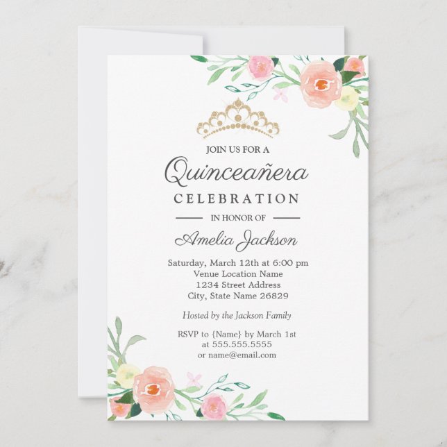 Wild Flower Peach Pink Floral Quinceanera Invite (Front)