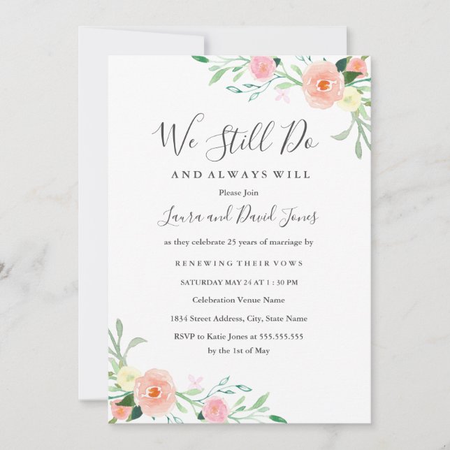 Wild Flower Peach Pink Floral Wedding Vow Renewal Invitation (Front)
