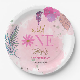Wild flower tropical leaf baby girl 1st Birthday Paper Plate