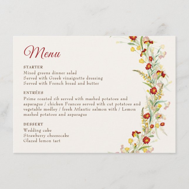 Wild Flower Yellow Marigold Foliage Wedding Menu (Front)