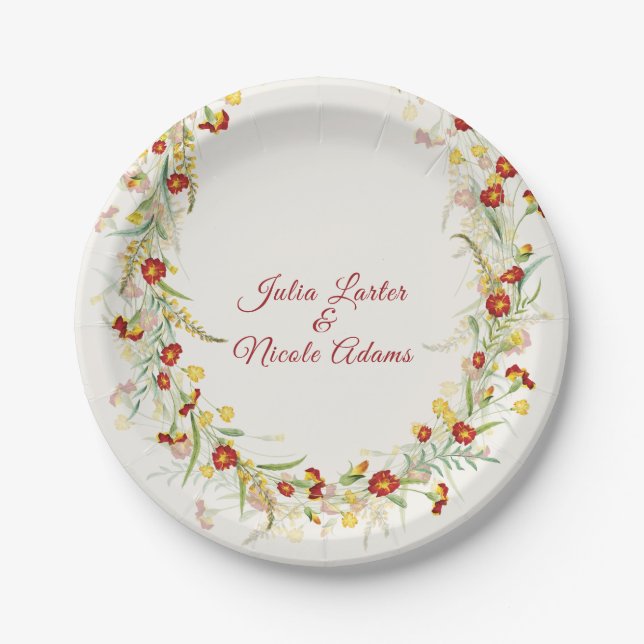 Wild Flower Yellow Marigold Foliage Wedding Paper Plate (Front)