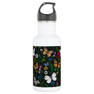 Wild flowers and butterflies on black 532 ml water bottle