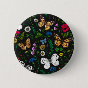 Wild flowers and butterflies on black 6 cm round badge