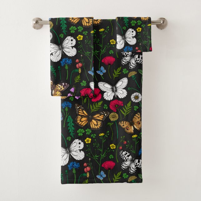 Wild flowers and butterflies on black bath towel set (Insitu)