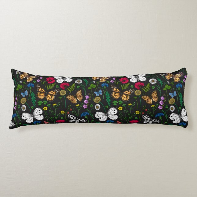 Wild flowers and butterflies on black body cushion (Front)