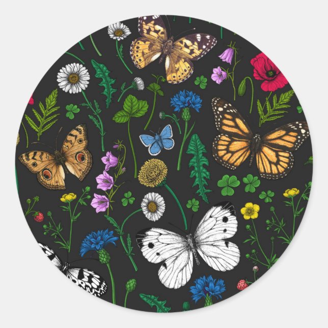 Wild flowers and butterflies on black classic round sticker (Front)