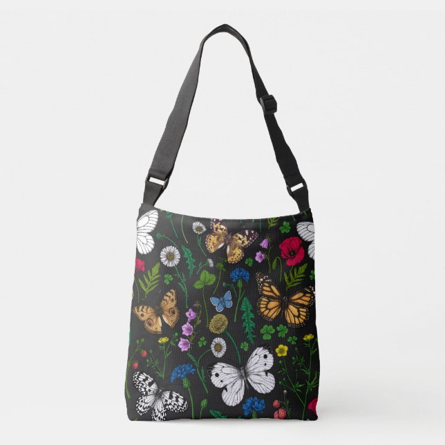 Wild flowers and butterflies on black crossbody bag (Front)