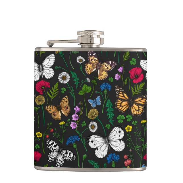 Wild flowers and butterflies on black hip flask (Front)