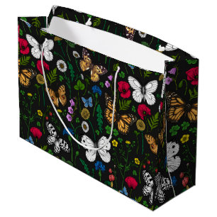 Wild flowers and butterflies on black large gift bag