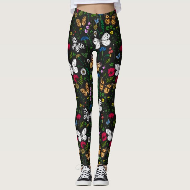 Wild flowers and butterflies on black leggings (Front)