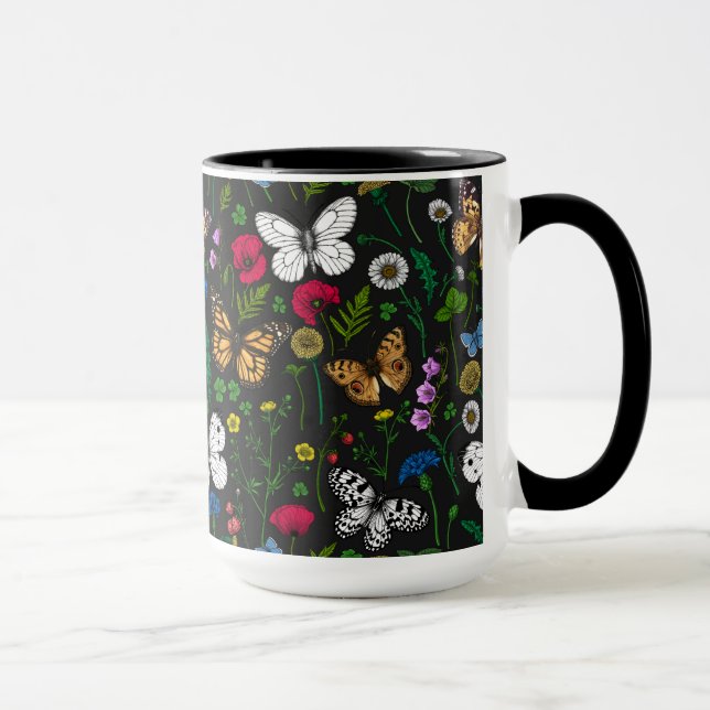 Wild flowers and butterflies on black mug (Right)