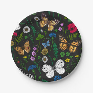 Wild flowers and butterflies on black paper plate