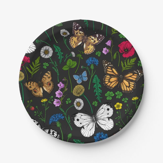 Wild flowers and butterflies on black paper plate (Front)