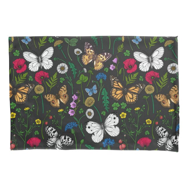 Wild flowers and butterflies on black pillowcase (Front-Left)