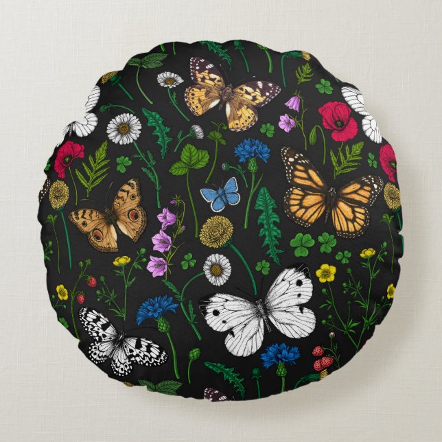 Wild flowers and butterflies on black round cushion (Front)