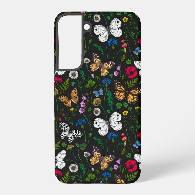 Wild flowers and butterflies on black samsung galaxy s22+ case (Back)