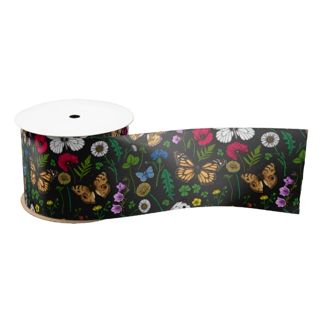 Wild flowers and butterflies on black satin ribbon (Spool)